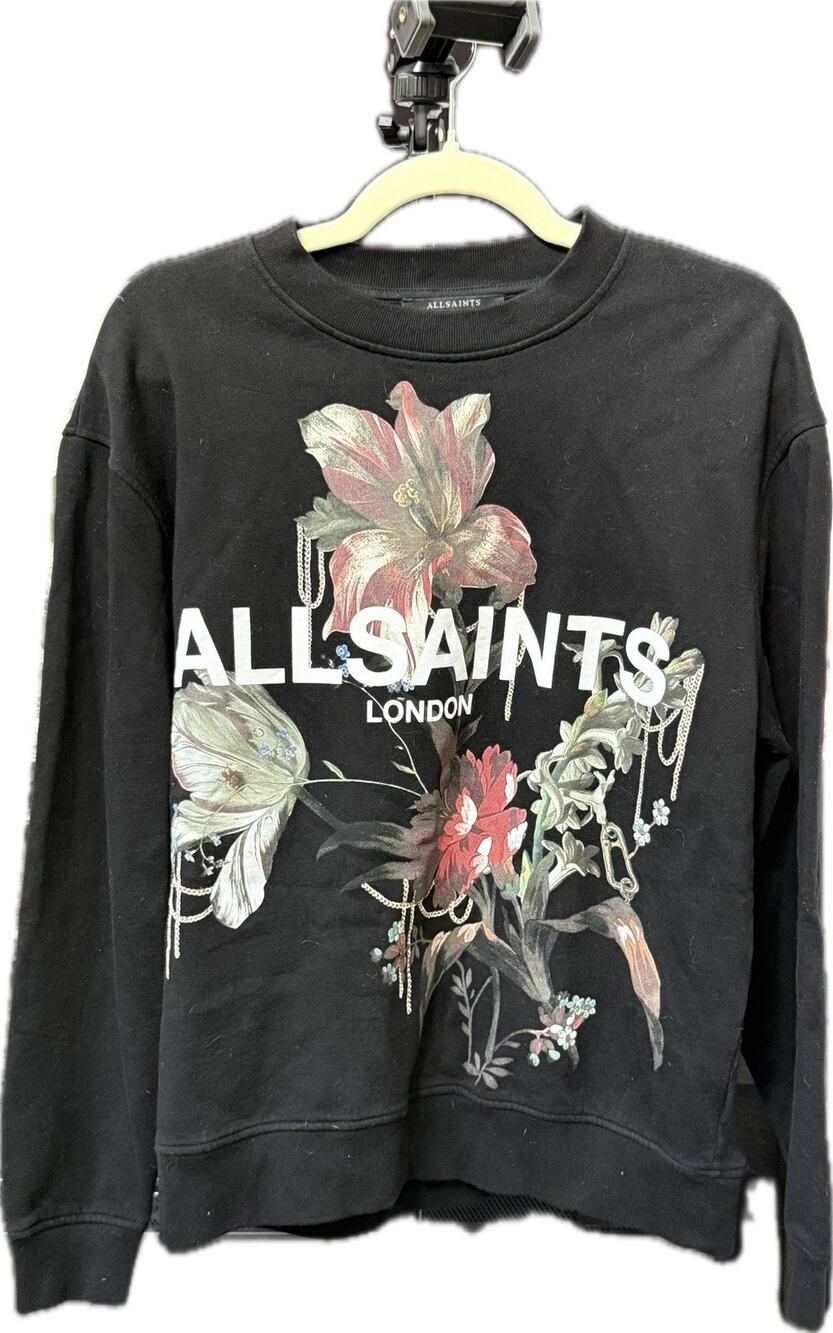 AllSaints London XS Black Floral Graphic Sweatshirt Pullover Crewneck Logo Edgy⁠